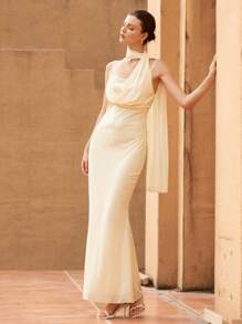 GENKIRA 法式浪漫优雅荷叶边领无袖收腰长款雪纺连衣裙 - 彩色 - 查看 2