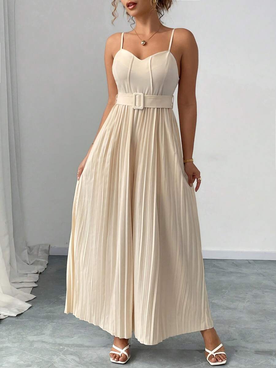 SHEIN Unity 大码高腰褶皱阔腿浪漫连体裤 - 杏色 - 查看 1