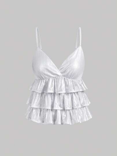 SHEIN MOD Cute Pink Tank Top With Layered Ruffles, Winter Tops, Party Tops, Tops, New Year's Eve Tops Top Pinkruffle Topemery Rose Topspink Top Women