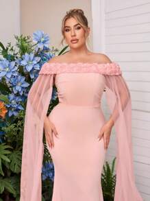 SHEIN Belle Plus Size Elegant Minimalist Pink Flounce Off Shoulder Neck Floral Embellished Long Flared Hem Bridesmaid Dress