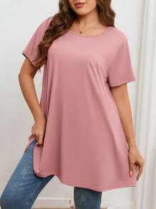Firerie Plus Size Casual Solid Color Loose Short Sleeve T-Shirt - Pink - View 3