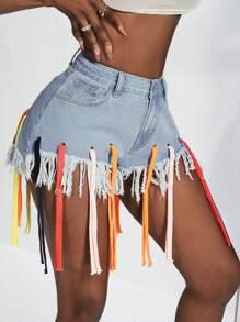 Slaydiva 女式夏季时尚流苏下摆牛仔短裤 - 藍色 - 查看 5