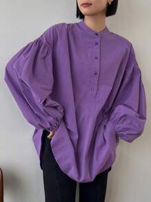 FRIFUL Women's Fashionable Loose Fit Solid Color Stand Collar Shirt, All Match,Fall Clothes - Purple - View 3