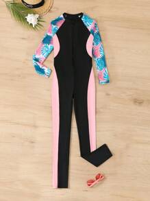 SHEIN 少女新款春夏季泳衣，黑色拼色设计搭配粉色侧面撞色，热带花卉和树叶印花，长袖连体泳衣，防晒，适合游泳、度假、冲浪、运动装风格，少女运动泳衣