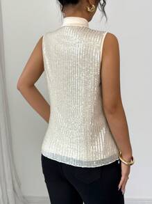 SHEIN Unity Luxury Sleeveless Sequin Sparkling Blouse With Tie Cravat Sexy Women Dress Shirt - Apricot - View 2