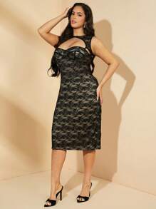 SHEIN BAE Plus Size Women Black Lace Brassiere Long Dress, Elegant Midi Dress, Bodycon Lace Dress, Little Black Dress, Suitable For Evening Out, Gala, Wedding