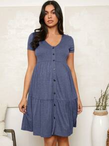 SHEIN 孕妇纯色单排扣休闲V领荷叶边下摆迷你哺乳连衣裙 - 藏蓝色 - 查看 3