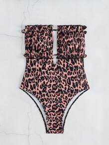 SHEIN VCAY 1 pieza Traje de baño tipo monokini con estampado de leopardo, minimalista y de moda, adecuado para vacaciones en la playa en verano