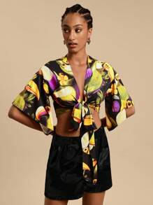 Travachic 女式编织印花短袖短款衬衫 - 黑色 - 查看 6