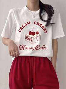 DAZY Women Summer Letter Cherry Printed Round Neck Short Sleeve Casual T-Shirt CREAMCHERRY Honey Cake Cute Tops,Graphic Tees
