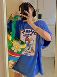 DAZY 女士夏季卡通人物印花宽松休闲T恤圆领落肩袖图案T恤超大码T恤