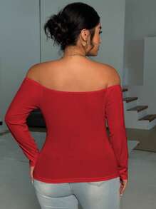 Elenzga Plus Size Elegant Off Shoulder Tight Fitting Floral Decor T-Shirt - Red - View 4