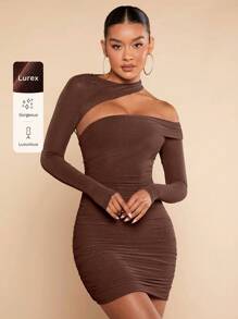 Silquee Vestido ajustado de cuello asimétrico fruncido - Marrón Chocolate - Ver 8