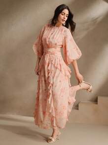 Anewsta Elegant Ruffle Cinched Waist A-Line Pink Floral Print Lantern Sleeve Satin Chiffon Dress For Women, Spring/Easter