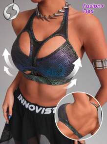 Innovista 女士运动服：烫金印花运动文胸、仿皮和金属光泽健身上衣、镂空动物抽象印花透气网眼剪裁和弹性健身服、健身背心。蛇纹豹纹印花、前卫独特的时尚奢华运动服、音乐节、派对、舞蹈、电动、瑜伽、垫上运动、普拉提、跑步、有氧运动、外出、运动休闲、力量训练、举重、Y2K、比基尼、泳衣、秋季装备 - 彩色 - 查看 5