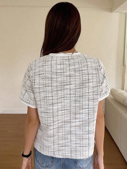 DAZY Plaid Print Button Detail Tee