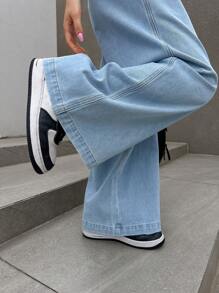 FRIFUL Women Elastic Waist Pocketed Wide Leg Loose Daily Casual Denim Pants,Baggy Jeans