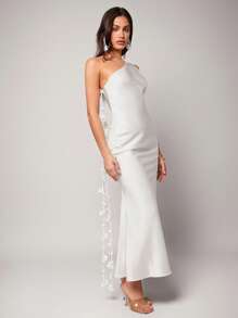 Silquee 初春夏纯白色纯情情人性感优雅细肩带鱼尾露背3D花卉不对称缎带性感连衣裙适合鸡尾酒会，浪漫约会，派对，正式聚会，伴娘服，夜间外出，圣诞礼服，超长连衣裙