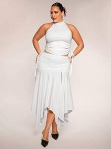 SHEIN BAE Bộ 2 món áo dây trắng dạo phố cỡ lớn cho nữ, chân váy xẻ gấu bất đối xứng, thích hợp mặc khi đi làm, đi chơi, hẹn hò, trà chiều, ngày lễ, xuân/hè - trắng - Xem 1