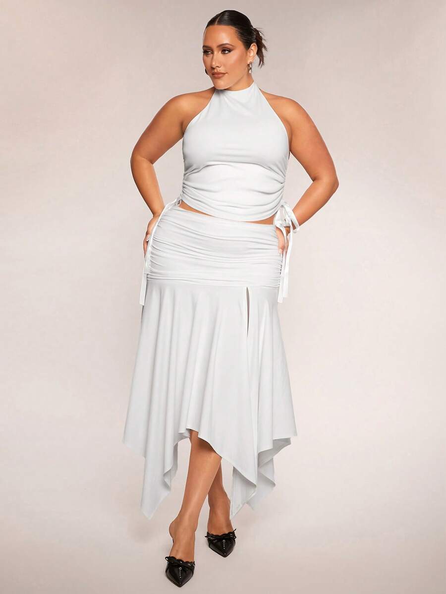 SHEIN BAE Bộ 2 món áo dây trắng dạo phố cỡ lớn cho nữ, chân váy xẻ gấu bất đối xứng, thích hợp mặc khi đi làm, đi chơi, hẹn hò, trà chiều, ngày lễ, xuân/hè - trắng - Xem 1