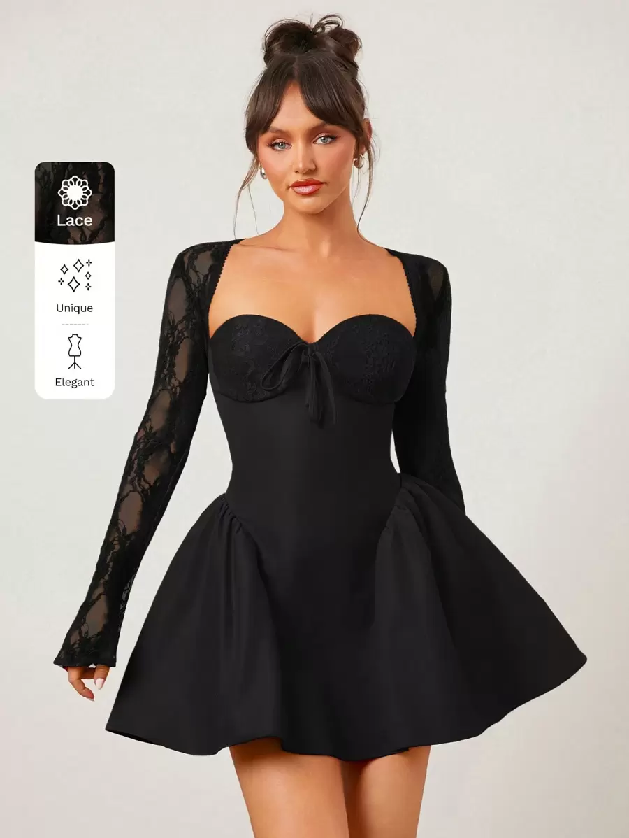 SHEIN SXY 大码女式甜心领撞色蕾丝长袖前系带优雅连衣裙 - 黑色 - 查看 1