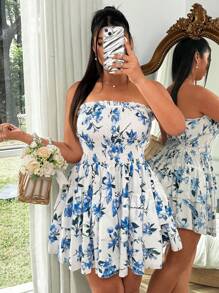 Sunnyshic Vestido tipo tarta con estampado floral sin tirantes y elástico de doble capa para mujeres de talla grande, color azul