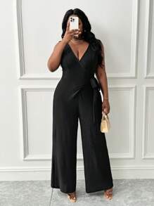 Slaydiva Plus Size Black Knitted Jumpsuit: Elegant V Neck, Sleeveless, Wrap Detail, And Long Length For A Chic Look - Black - View 1