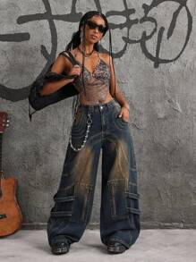 SHEIN ICON 女士拉链前口袋宽腿宽松休闲牛仔裤 - 藍色 - 查看 5