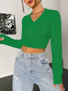 SHEIN Unity Women's Casual Solid Color Slim Fit Cropped Sweater, Spring/Autumn Knit Pullover Fall Winter - Green - View 6