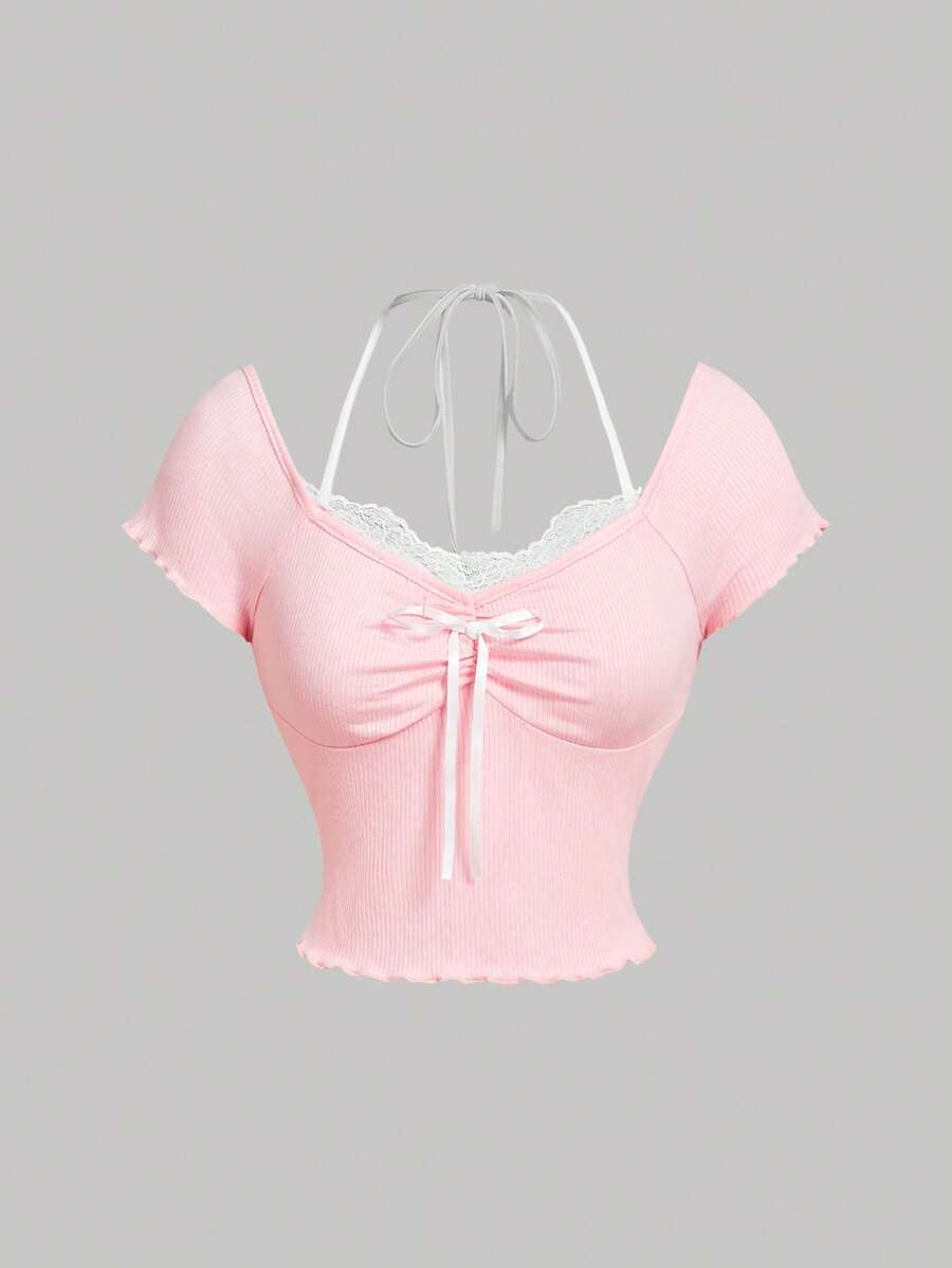 SHEIN MOD 女士粉色领带蝴蝶结装饰 T 恤、春季休闲上衣 T 恤、女士西装、波西米亚风女装 - 粉色 - 查看 1