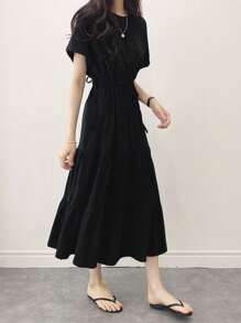DAZY Solid Drawstring Waist Layered Hem Dress,Ladies Casual Drawstring,Ruffle Hem Short Sleeve Round Neck Regular Fit Long Black Roll Up Sleeve Plain A Line Women Long Dresses,Spring/Summer,Casual Daily Wear Sundress