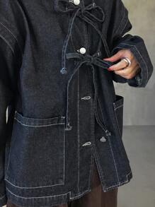 FRIFUL Women Solid Color Pocket Twist Front Button Casual Long Sleeve Denim Shirt,Back To School Clothes,Jeans Jacket,Fall Women Clothes - Blue - View 8