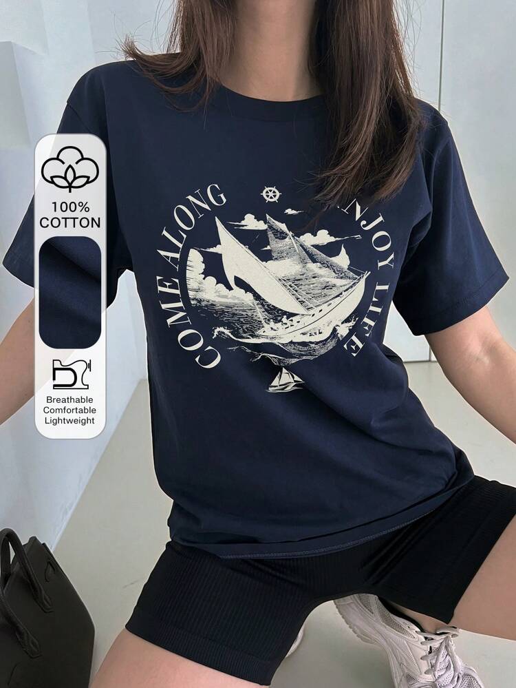 Women's Sailor Boat Letter Printed T-Shirt Summer Preppy Tops Easter