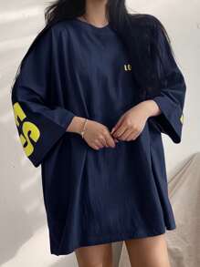 DAZY 女士夏季宽松短袖休闲T恤印花字母圆领超大码T恤 - 藏蓝色 - 查看 2