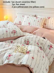 4pcs Bedding Set, Pink Floral And Camel Striped Reversible Duvet Cover Set, Suitable For All Seasons, Pastoral Style (Includes 1 Duvet Cover, 1 Bed Sheet, 2 Pillowcases, Without Filler)