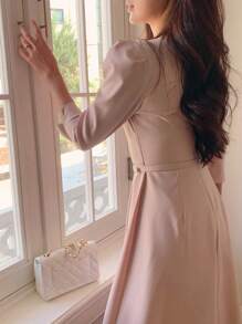 DAZY 女士圆领收腰半袖中长连衣裙，返校季服装 - 粉色 - 查看 5