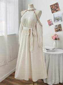 Sunnyshic Vestido largo elegante de línea A para playa con escote halter y cordones, vestido de lino cómodo para vacaciones