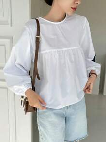DAZY Solid Lantern Sleeve Keyhole Back Blouse,Ruffle,Fall Clothes Long Sleeve Top - White - View 5