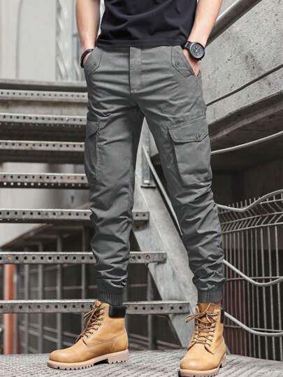 Manfinity Homme Herren einfarbige lässige slim fit Knöchel-Bund Cargohose Arbeitshose für Herren, Herbst