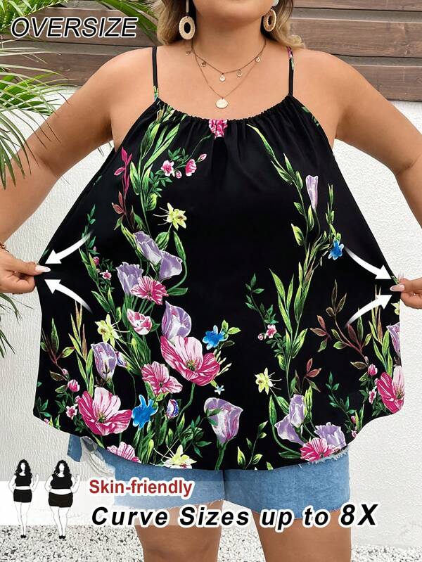 SHEIN CURVE+ Top camisole cu imprimeu floral pentru femei de marime mare pentru vacanta boho de vara