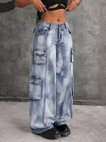 SHEIN ICON Quần Jeans Denim Ống Rộng Túi Hộp Thường Ngày Cho Nữ - Màu xanh lam - Xem 5