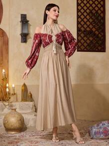 Al Najma 女式拼色印花拼接露肩挂脖阿拉伯连衣裙 - 彩色 - 查看 4