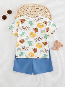 Cozy Pixies 2 Stücke Baby Jungen Karton Tier Muster Strick Weich Rundhals Kurzarm Top & Elastischer Taille Shorts Set