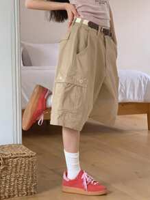 DAZY 女式低腰休闲工装口袋短款短裤夏季 - 卡其色 - 查看 3