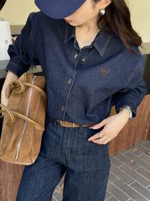 DAZY Women's Long Sleeve Casual Denim Top With Embroidered Bow Detail, Suitable For Autumn,Back To School Clothes,Jeans Jacket,Fall Women Clothes