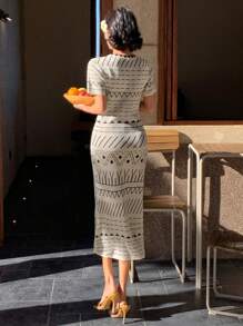 DAZY Geometric Pattern Round Neck Loose Women Midi Dress Boho Sundress,Casual Women Dresses Vacation - Black - View 2