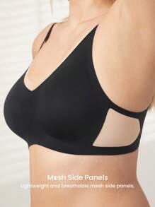 LUVLETTE Dream Curve 2ndSkin Black Full Coverage Wireless Seamless Breathable Mesh Side Support Airy V-Neck T-Shirt Sticky Basic SizeFreedom Bra No Show Underwear Comfortable Must-Haves Also Suitable For Teen Girl & Young & Kid - Black - View 5