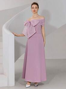 Modelyn Women's Elegant Solid Color Off Shoulder Bowknot Tie-Up Long Dress - Pink - View 6