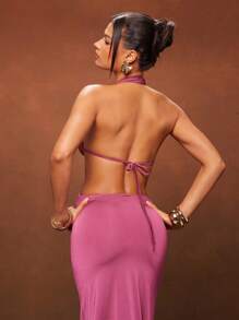 Hauture Summer Women Outfit, Women Clothes, Sexy Cut Out Halter Backless Berry Maxi Dress With Gold Ornament, Women Dresses, Summer Women Dresses, Party Women Dresses, Elegant Women Dresses, Spring Women Dresses, Prom Dress, Pink Dress, Formal Women Dresses, Long Dress. For Date Night, Concerts, Performances, Parties, Clubs, Evening, Music Festivals