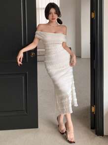 DAZY Damen Off-Shoulder Spitzenkleid für Partys, Hochzeiten, Geburtstage, Homecoming, elegantes Sommerkleid für Hochzeiten